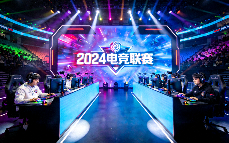 电竞比赛舞台大屏幕与选手对战席现场
